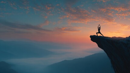 Silhouette yoga woman mountain sunset