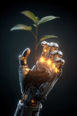 Robot hand holding seedling growth
