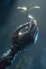 Robotic hand holding seedling growth