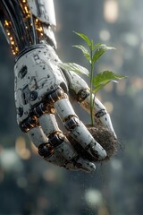 Robot hand holding seedling plant growth