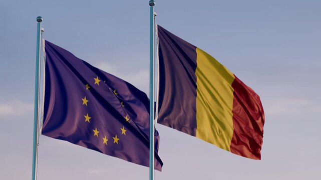 European Union and Romania: Cinematic Waving Flags Against Blue Sky
