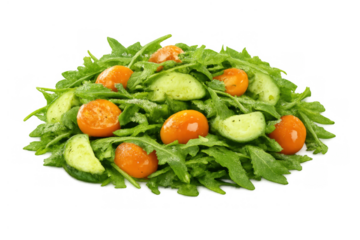 Fresh green arugula salad with plump orange cherry tomatoes and crisp cucumber slices, highlighting healthy eating. Transparent background