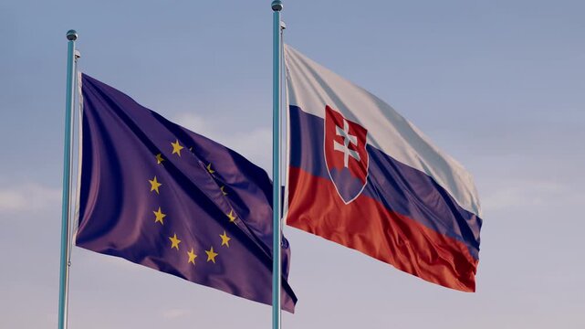 European Union and Slovakia: Cinematic Waving Flags Against Blue Sky