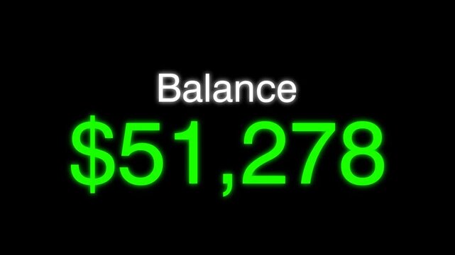 Balance amount decreasing up from 500 to 125000 dollars on black background