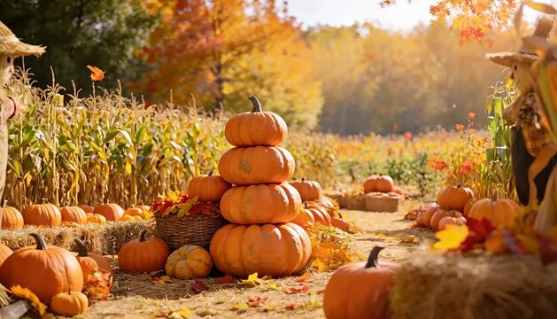 Autumn harvest scene with scarecrows and pumpkins fall festival backdrop festive atmosphere, scarecrow.