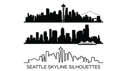 Obraz premium Seattle Skyline Vector Silhouettes and Line Art Set. Panoramic Washington City View with Mount Rainier and Ferry Boat. Isolated Black Urban Landscape and Outline Design.