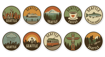 Seattle Retro Vector Badge Set. Vintage Circular Travel Patches featuring Skyline Tram and Mount Rainier. Outdoor Adventure Sticker Collection for Apparel Design.