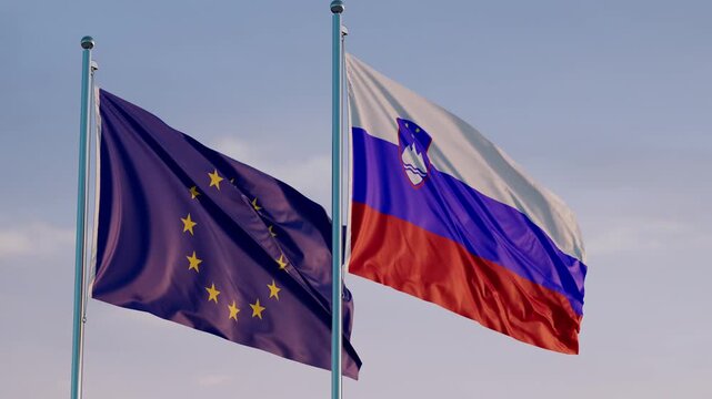 European Union and Slovenia: Cinematic Waving Flags Against Blue Sky