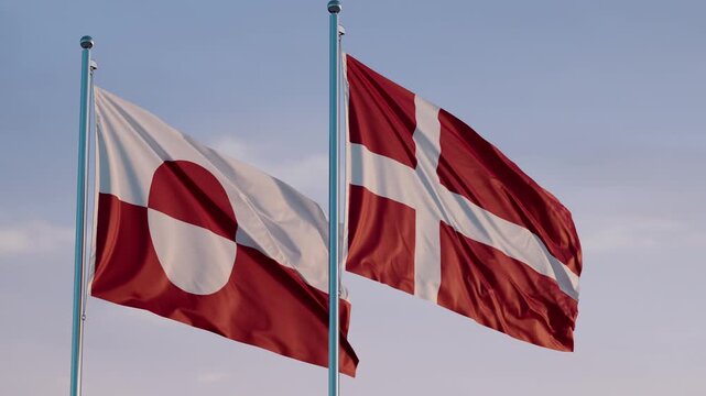 Greenland and Denmark: Cinematic Waving Flags Against Blue Sky