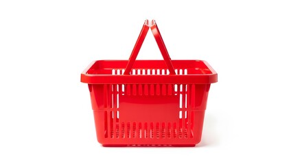 Fototapeta premium Empty bright red plastic shopping basket with handles up, isolated on a pure white background.