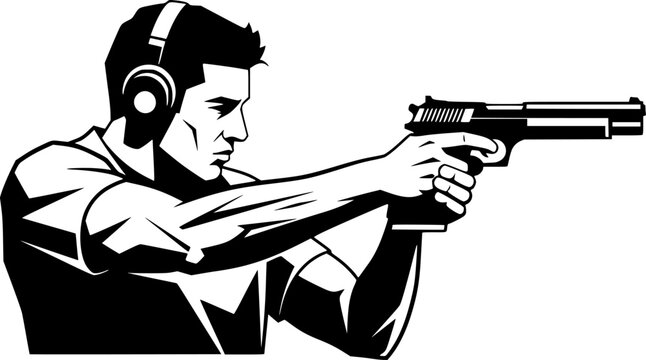 Focused sportsman aiming pistol in minimalist monochrome artisti
