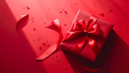 A red gift box with a satin bow sits on a red surface, with a ribbon cascading beside it, and small droplets scattered