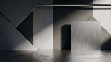 Industrial concrete interior with metallic cube and geometric shapes