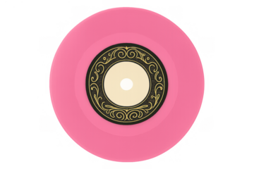 Pink vinyl record with ornate vintage label on transparent background representing retro music and analog sound