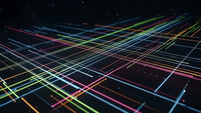 Multicolored lines intersecting on a dark background with a complex network pattern