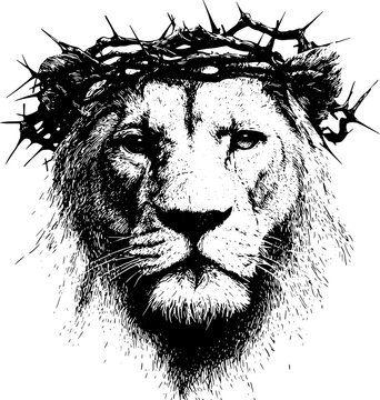 Vintage Lion with Crown of Thorns Engraving Vector, Inverted Black White Xerography on Transparent Background