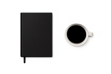 Black notebook and white coffee mug on transparent background providing minimalist workspace flat lay
