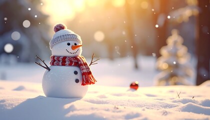 A cute snowman with a red scarf and hat stands in a snowy forest scene, bathed in golden sunlight with a bokeh background