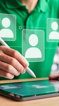 Digital Selection Process Using Tablet and Stylus with User Profiles. Modern Tech Interaction for Profile Approval and Verification. Professional Managing Digital Candidate Selection on a Tablet.