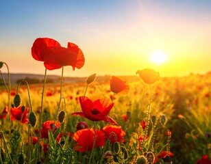Fototapeta premium Field of vibrant red flowers basking in a warm, golden sunset