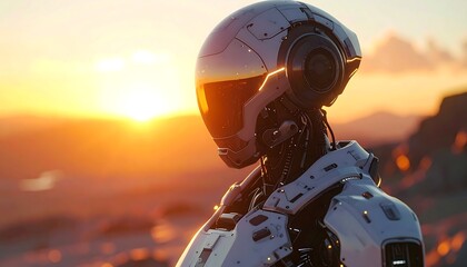 A robotic figure in a futuristic helmet and body stands silhouetted against a golden sunset, overlooking a fiery landscape