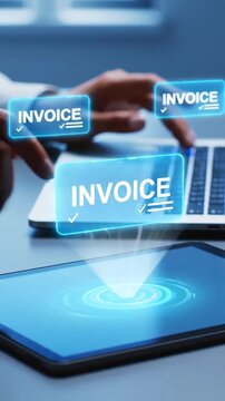 Digital Invoice Processing and Management on Laptop and Tablet. Modern Billing and Accounting with Virtual Invoice Documents. Professional Handling Electronic Invoices for Business Finance.