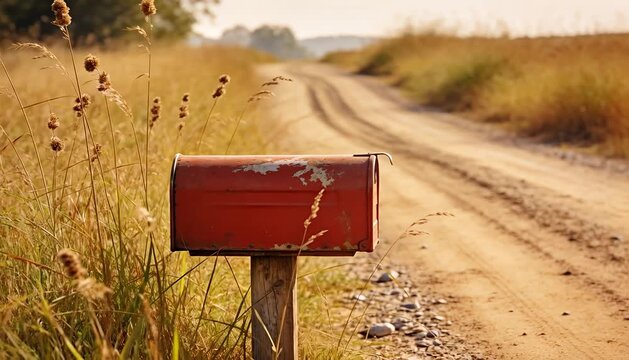 Rural mailbox on a dusty dirt road with golden fields and gentle hills, storytelling, countryside life,, path.