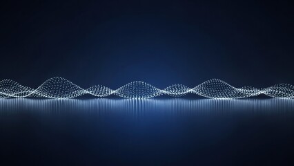 Abstract digital data wave visualization with glowing dots on a dark blue background. Futuristic sound wave pattern for technology concepts.