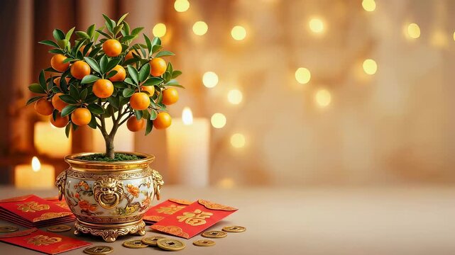 Tangerine tree in decorative pot with red envelopes and coins, Chinese New Year celebration for luck and prosperity.