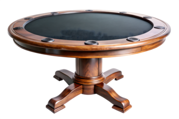 Elegant round wooden poker table with dark playing surface and robust pedestal base