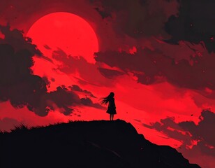 A silhouette of a person stands atop a hill, gazing at a crimson sun in a dramatic, dark sky