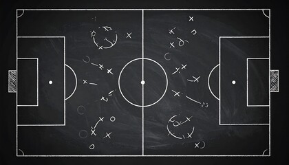 Overhead diagram of a soccer field with strategic plays drawn in white chalk. Focus is on teamwork and field layout