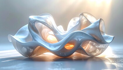 A smooth, abstract sculpture with flowing lines and translucent surfaces, bathed in warm light, creating an ethereal glow