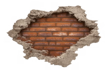 Broken plaster showing red brick wall through a ragged hole, revealing old brickwork, transparent background