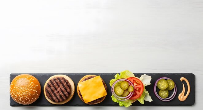 Flat lay of fresh burger ingredients disassembled on a black slate board with white wooden background