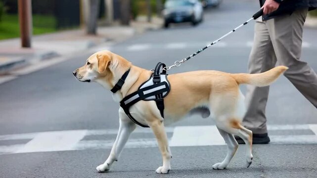Guide dog assisting visually impaired person crossing road providing safety and independence in urban setting with cars passing by