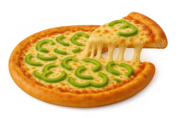 Delicious pizza slice lifting with melting mozzarella cheese and green bell peppers, fresh from the oven, transparent background