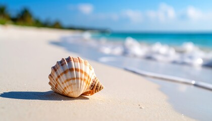 A seashell rests on soft, white sand at a beach, with turquoise water and gentle waves in the blurred background