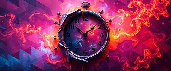 Melting clock face, swirling nebulae, geometric forms in vibrant hues, psychedelic,  alien