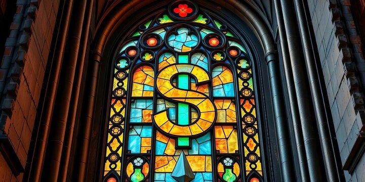 Generative AI-styled stained glass window; dollar sign, church architecture, cracked glass, decaying stone, opulent details,  wealth,  church