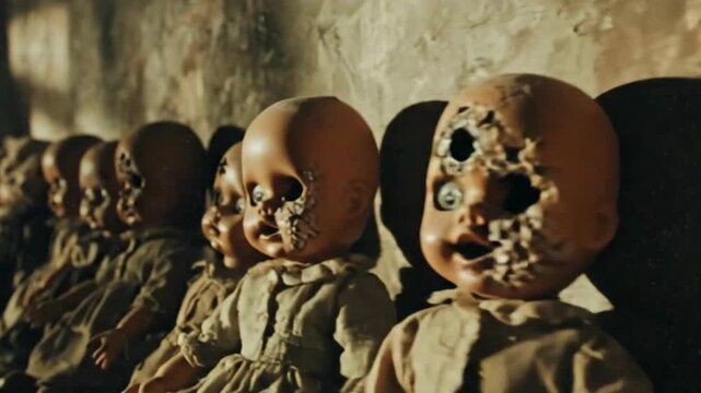 An ominous, cinematic close-up captures a terrifying row of creepy dolls with decayed faces lined up inside a dark prison cell.