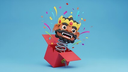 Playful cartoon king character popping from surprise box with festive confetti on bright blue background