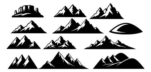 Mountain silhouette. Black outline minimal mountains shape for banner border and scenic backdrop. Isolated vector set, transparent background PNG version.