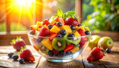 Fresh fruit salad in a glass bowl on a wooden table.