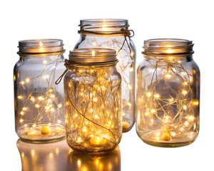 Four glass mason jars filled with warm white fairy lights isolated on white background