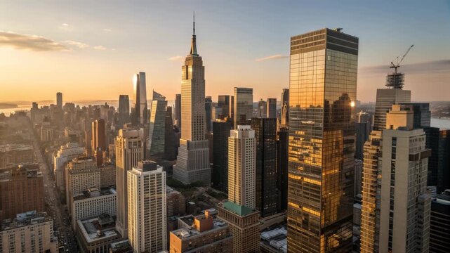Breathtaking Aerial View of Manhattan Skyline at Sunset with Modern Skyscrapers and Golden Hour Lighting