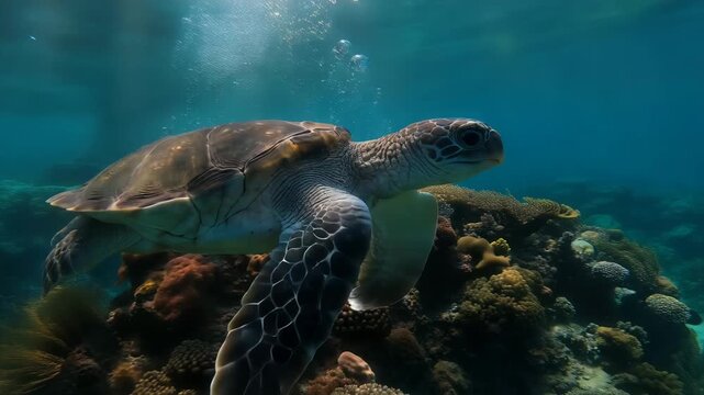 Sea turtle gliding over colorful coral reef underwater ocean scene, marine wildlife nature tropical aquatic swimming, graceful sea turtle underwater coral reef ocean marine life wildlife nature