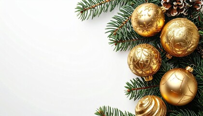 Festive Ornaments and Evergreen Branches: A captivating Christmas arrangement featuring shiny golden ornaments and lush green pine branches, symbolizing the joy and anticipation of the holiday season.