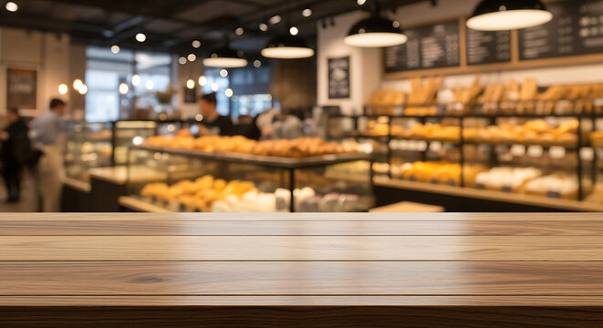 Bakery Shop Interior with Display Cases and Wooden Countertop.