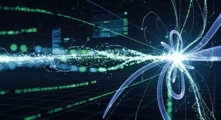 Brilliant particle collision generates complex energy trails across a dark digital landscape